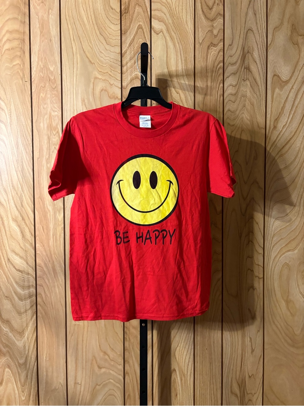 Port and Company Red T-Shirt with Yellow Smiley Face and 'Be Happy'